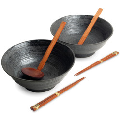 Bowls, chopsticks & spoons set box for ramen - Swirl black Ø22cm