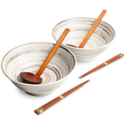 Bowls, chopsticks & spoons set box for ramen - Swirl white Ø22cm