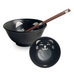 Coffret 2 Bols & baguettes - Chat noir & blanc Ø15cm