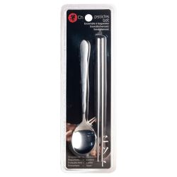 Set paire de baguettes & cuillère métalliques - Argent
