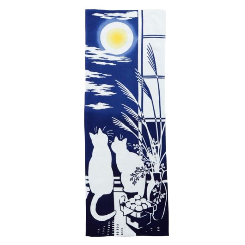 Tenugui, serviette fine japonaise - Chats et pleine lune