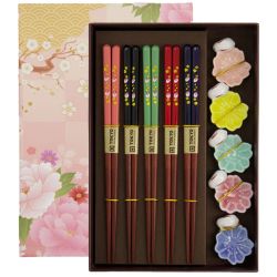Giftset 5 chopsticsk pairs & assorted chopsticks rests - Rabbit and sakura