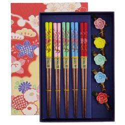 Giftset 5 chopsticsk pairs & assorted chopsticks rests - Sakura